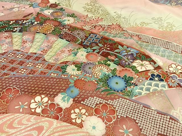 【オンワード】正絹　振袖　金駒　花柄　クリーム色　袷 平和屋着物□豪華振袖 駒刺繍 流水草花文 金銀彩 正絹 逸品