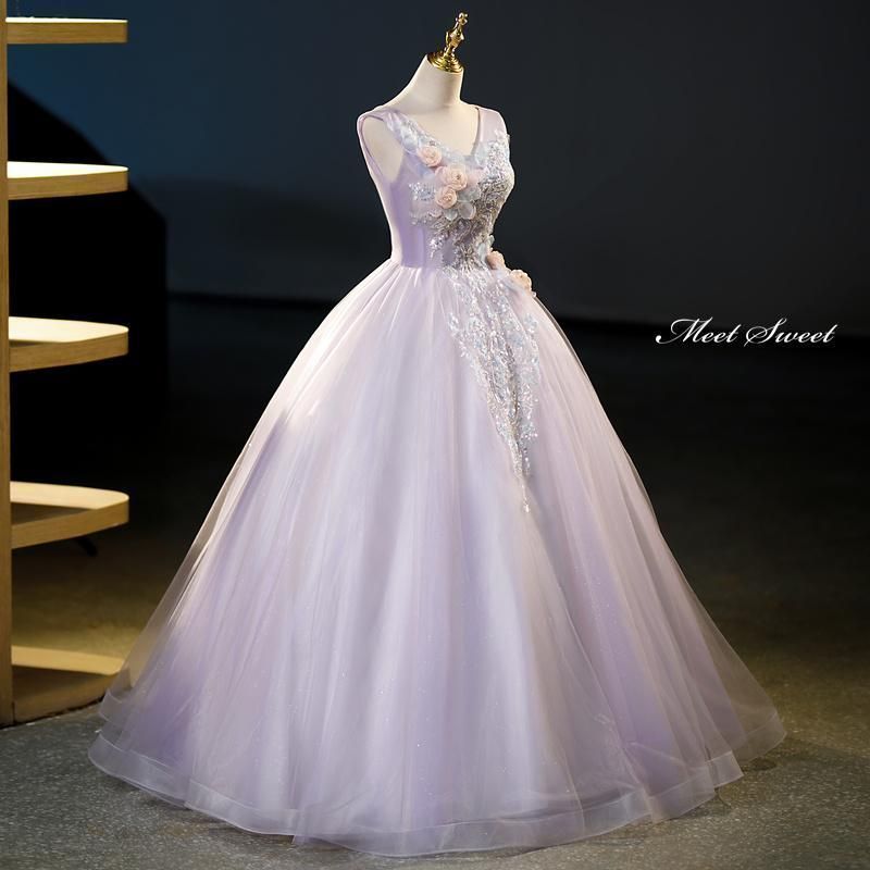 ドレス プリンセスライン パープル 紫 袖なし ビーズ 花 ロングドレス ウェディングドレス 結婚式 二次会 花嫁 前撮り 演奏会 発表会 MAAHADDERANG_COM