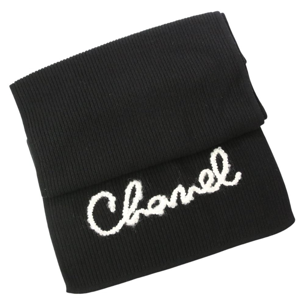 21AW CHANEL シャネル コスチュームパール ロゴエンブロイダリー カシミヤマフラー ブラック レディース 古着