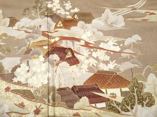 平和屋着物○訪問着 駒刺繍 御所車霞風景文 金彩 正絹 逸品 未