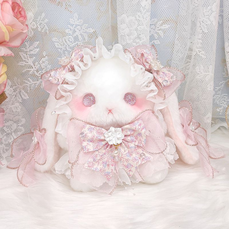 ロリータ垂れ耳ウサギ バッグ オリジナルデザイン 毛布製 ふわふわ リボン＆パール装飾 ハンドメイド 3WAY仕様 小包|ショルダー|リュック プレゼントにも最適
