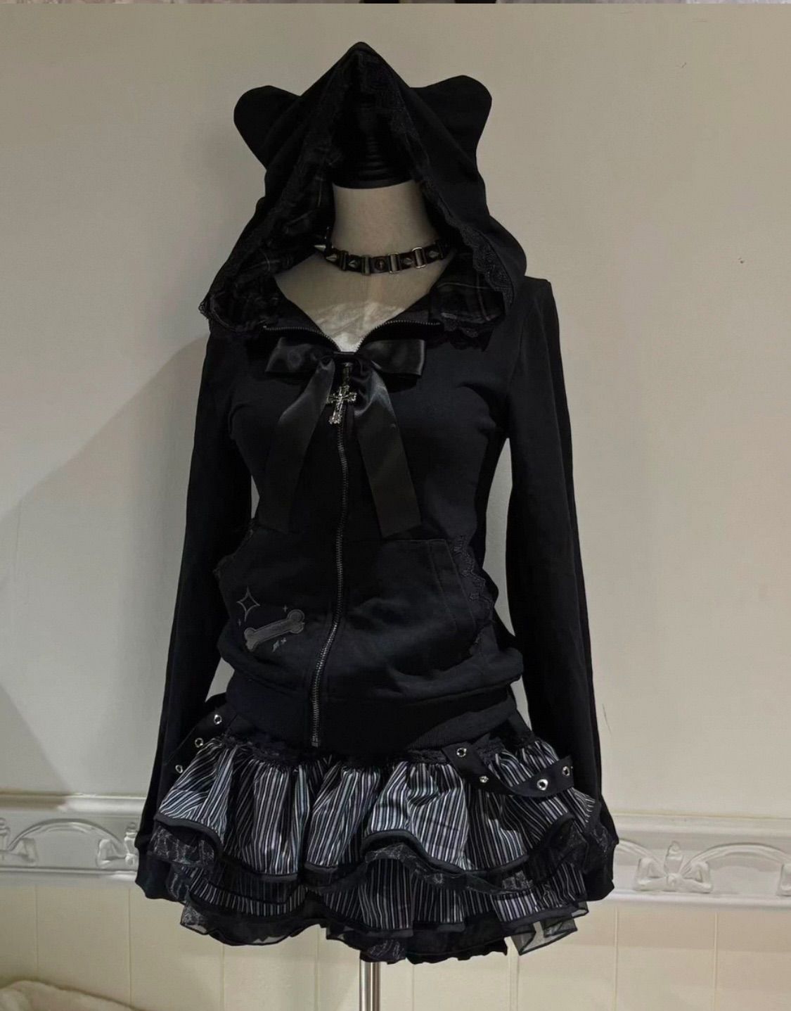 リボン レース 猫耳 フーディー 長袖 パーカー 病み かわいい 量産型