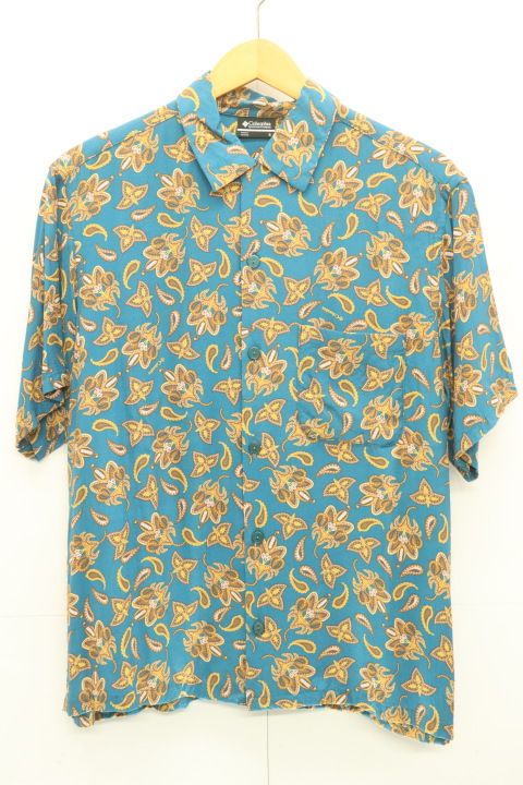 Columbia メンズアロハシャツ S アロハシャツ Columbia S 水色 アクアブルー キャメル おうどいろ 総柄