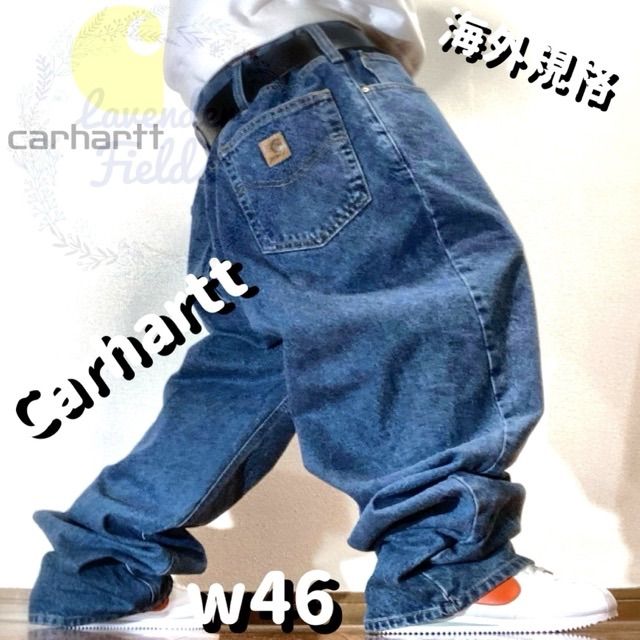 カーハートCarharttデニムパンツw46大きいサイズGパンバギーレザーロゴ