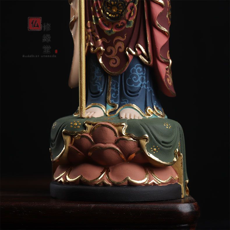 修縁堂】珍品 木彫り 仏像 地蔵菩薩立像 柘植材 彫刻 彩繪 本金 切金 