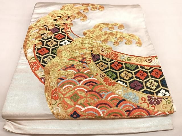 平和屋着物◎太鼓柄袋帯 唐織 駒刺繍 立波花文 金糸 引箔 正絹