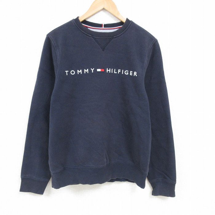 L/古着 トミーヒルフィガー TOMMY HILFIGER 長袖 ブランド スウェット メンズ ビッグロゴ 刺繍 クルーネック 濃紺 ネイビー 25jan23 中古 