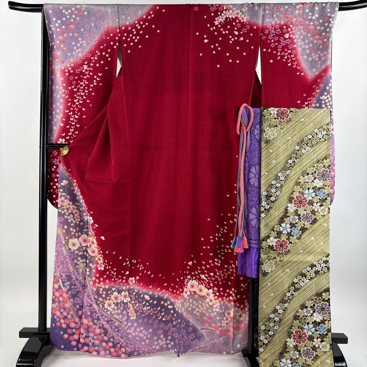 振袖 身丈167cm 裄丈68.5cm L 袷 袋帯フルセット 桜 蝶 金彩 赤 正絹 名品