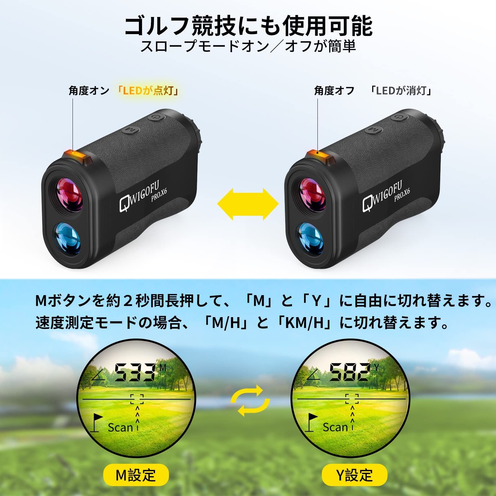 人気商品】IPX4防水 光学6倍望遠 距離測定器 軽量 LED点灯/消灯 USB