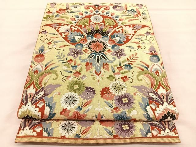 平和屋着物▽六通柄袋帯 唐織 吉祥花唐草文 金糸 正絹 逸品