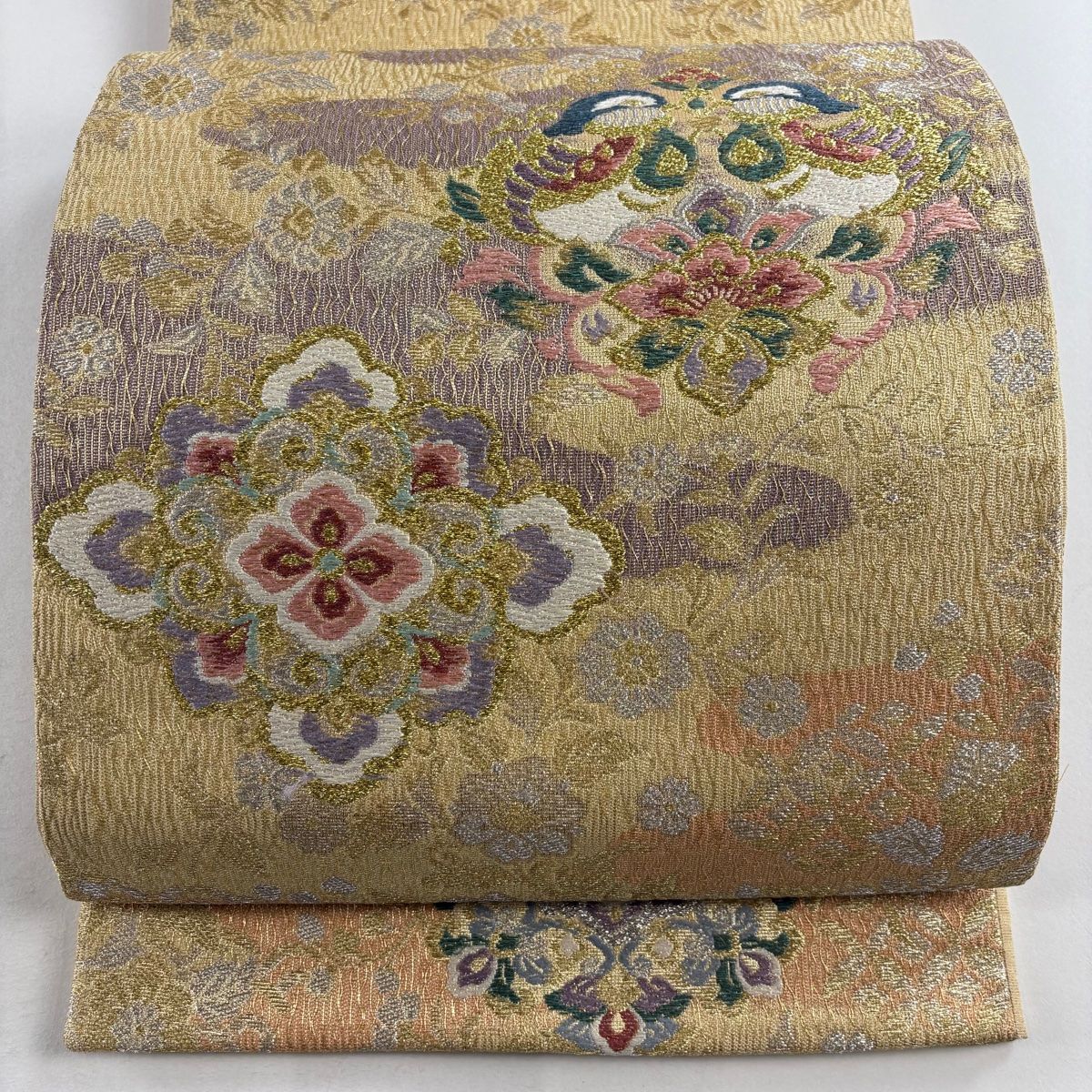 袋帯 名品 華文 向かい鳥 金銀糸 箔 ベージュ 六通 正絹
