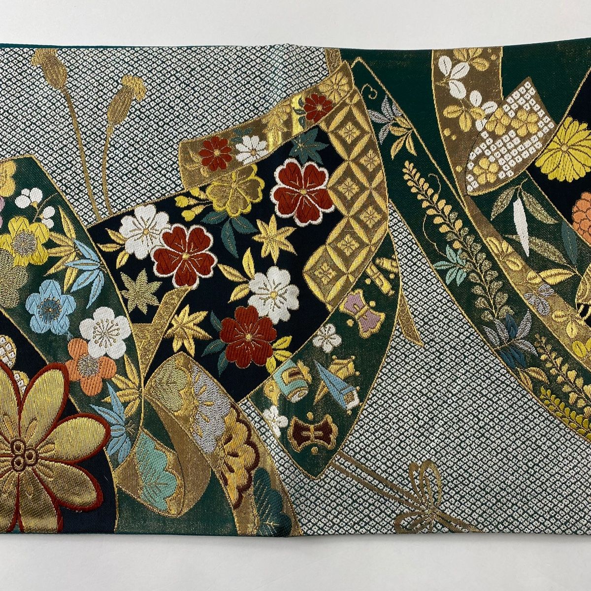 袋帯 美品 秀品 松竹梅 青海波 金糸 箔 緑 六通 正絹 【中古