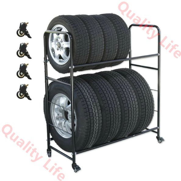 タイヤラック キャスター付き 2段式 タイヤ収納ラック 車タイヤラック ローリングタイヤラック タイヤ置き台 車輪付き車用タイヤスタンド 耐荷重100kg 層 省スペース ガレージ 地下室 展示ホール 修理工場用 66x51x143cm
