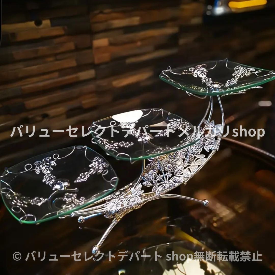 置物 オブジェ 収納 3段 ガラス インテリア おしゃれ 北欧 玄関 ガーデン オーナメント 小物 雑貨 プレート キッチンスナック 収納ホルダー ホーム フェスティバル 装飾 ゴールドトレイ