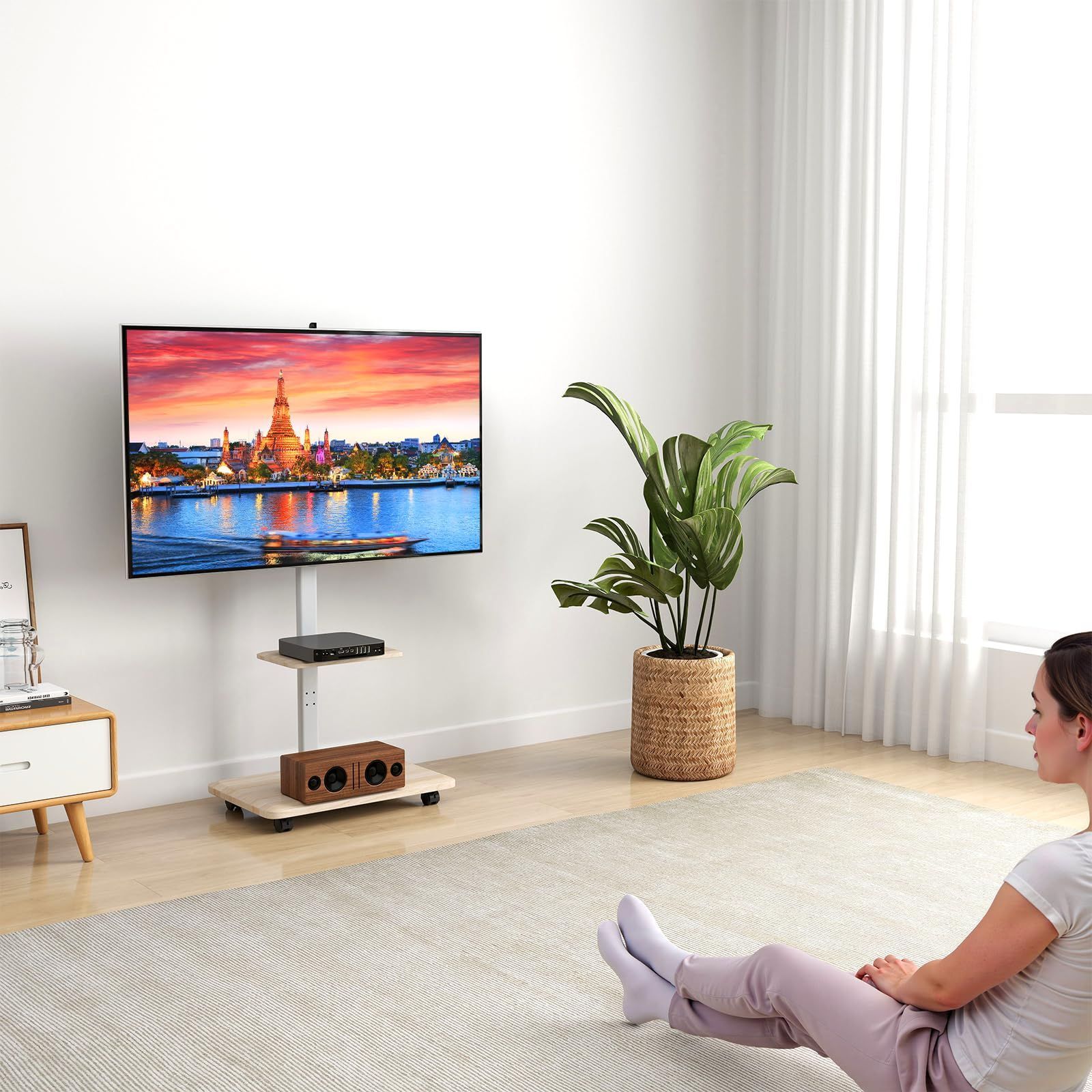 tvスタンド 26 65インチ対応 tv台 高さ調節 ハイタイプ 左右60°首振り tv テレビ台 stand 耐荷重40kg 壁寄せテレビ 家用 キャスター付き 学校 ビジネス テレビスタンド 病院業務用 mopam 木目色