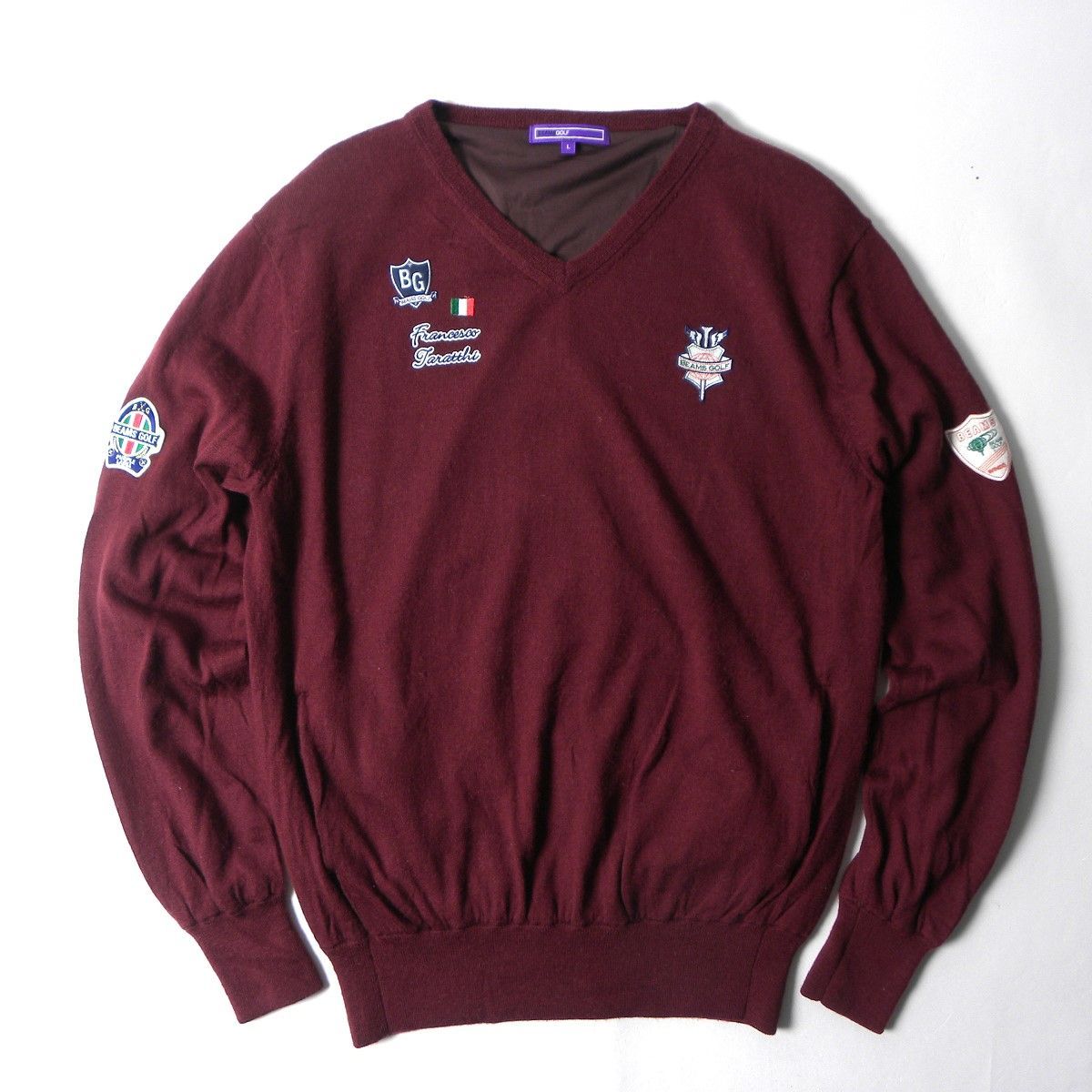 Vネックニット BEAMSGOLF ビームスゴルフパープルレーベル 防風タラッティセーター 14ゲージ ウール100％ エアシャット裏地付防風撥水ストレッチ L ワイン
