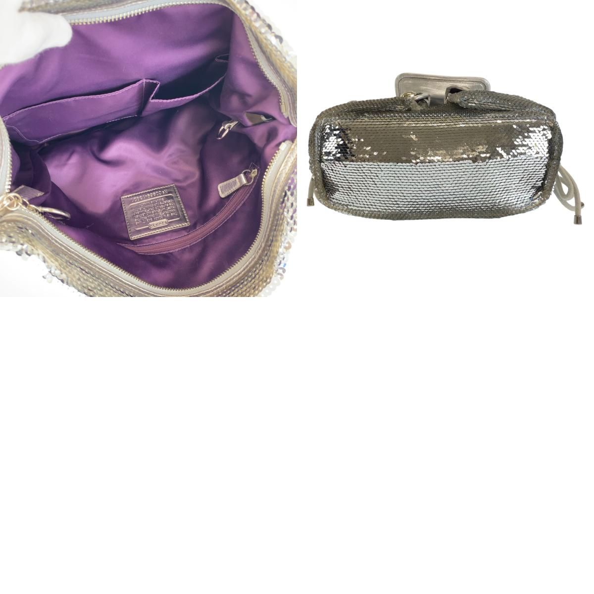 美品 COACH コーチ ポピー スパンコール シルバー パープル シルバー 