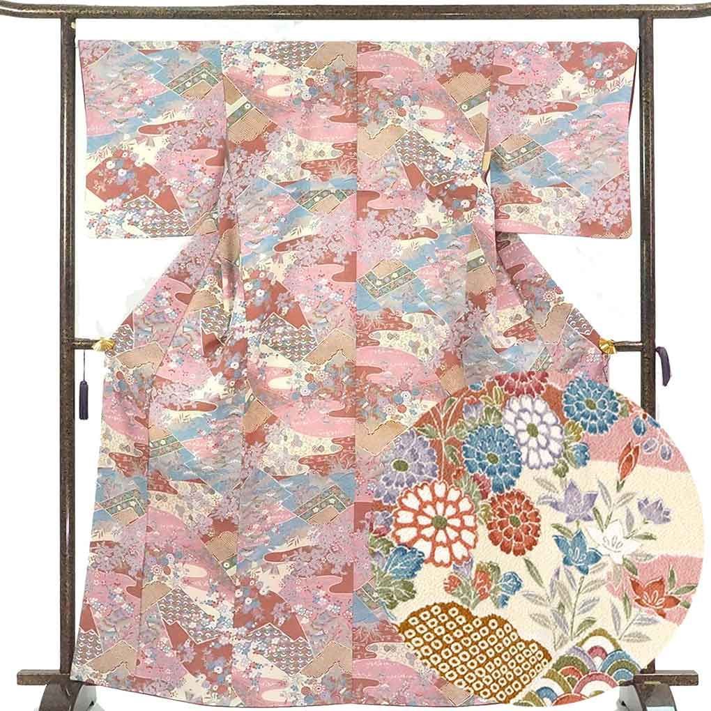 小紋 身丈165cm 裄67cm 前幅24cm 後幅29.5cm 袖丈49cm 袖幅34.5cm レディース 袷 花柄 裄長 裄Lサイズ 秋冬春用 正絹 シルク ピンク トールサイズ リメイク リユース リサイクル 呉服のきくや