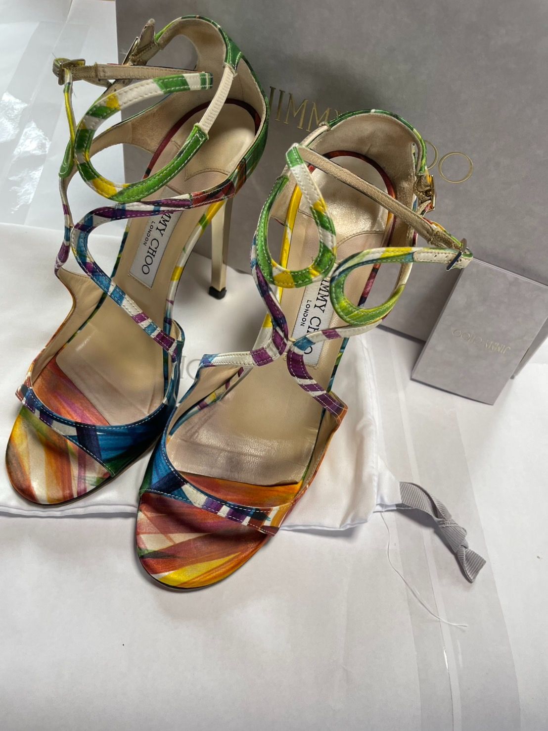 ●美品●JIMMY CHOO ジミーチュウ　ミュール　クリスタルストラップ付き クリスタル ストラップ付き Linen パテントレザー・ミュール