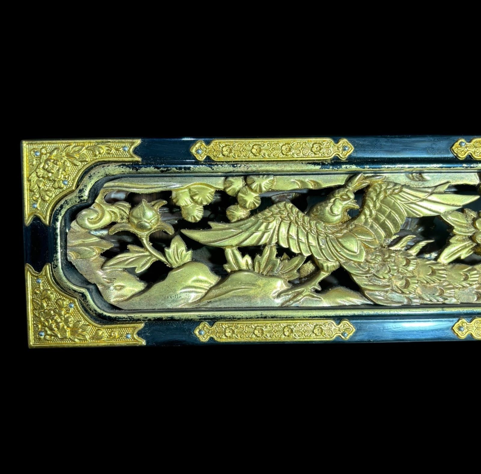黄金欄間 寺院 透かし彫り [孔雀鶴雲草花] 木彫 古民家建具等