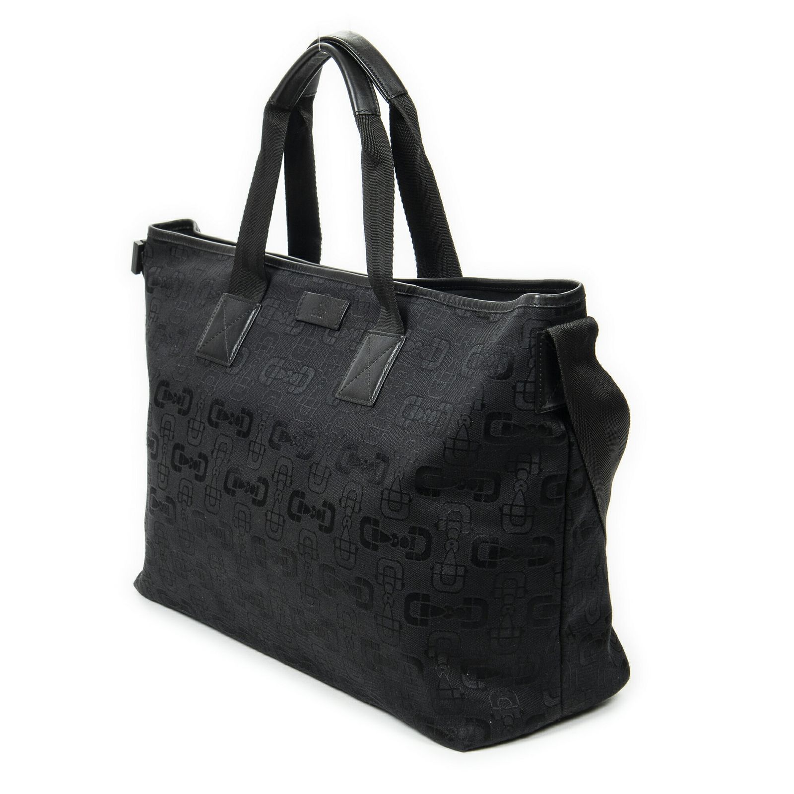 GUCCI グッチミディアムソフトショッピングトート黒ホースビットプリントグキャンバスA