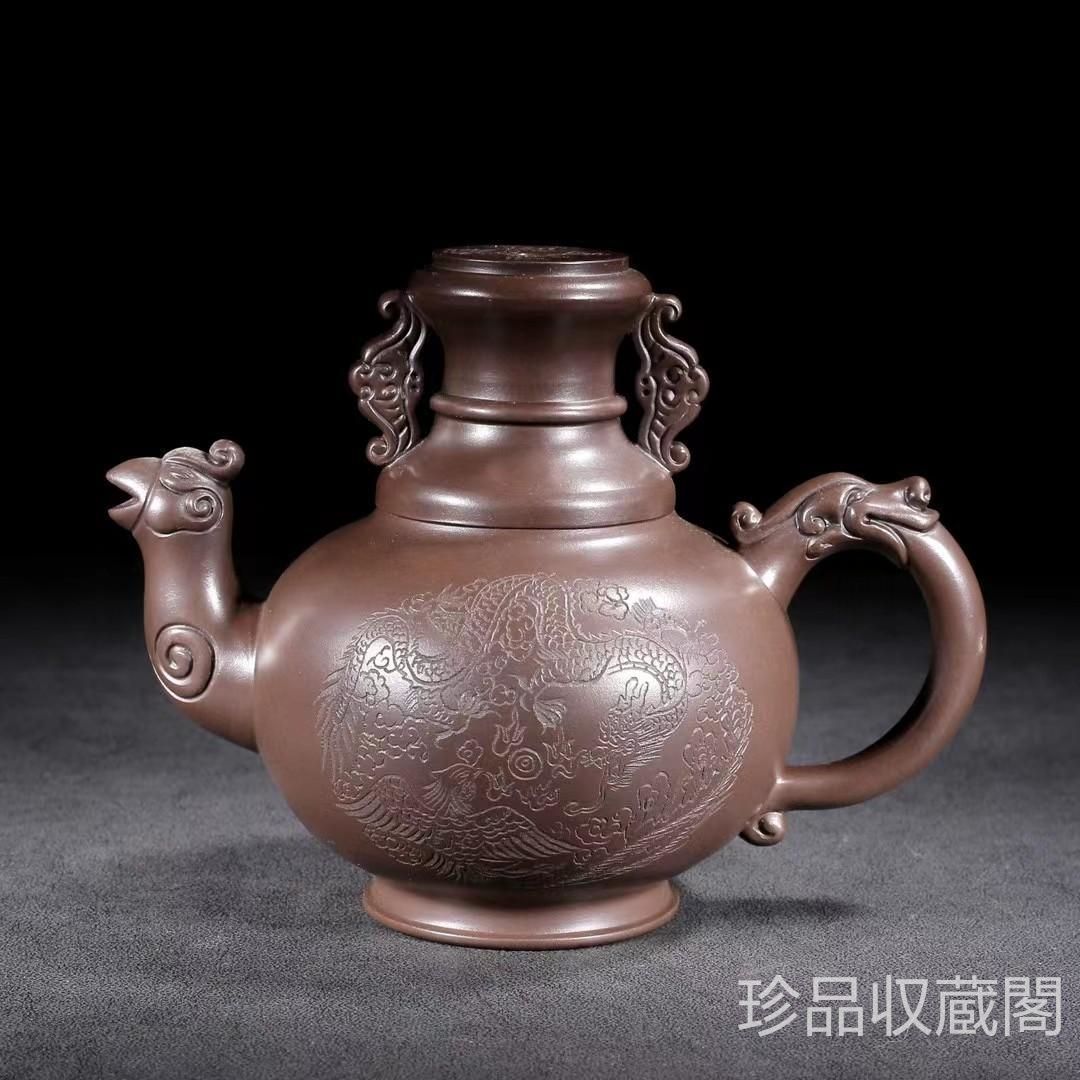 中国古美術・原鉱古銅泥魚躍龍門紫砂壺・底款：徐漢棠・紫砂壺・朱泥