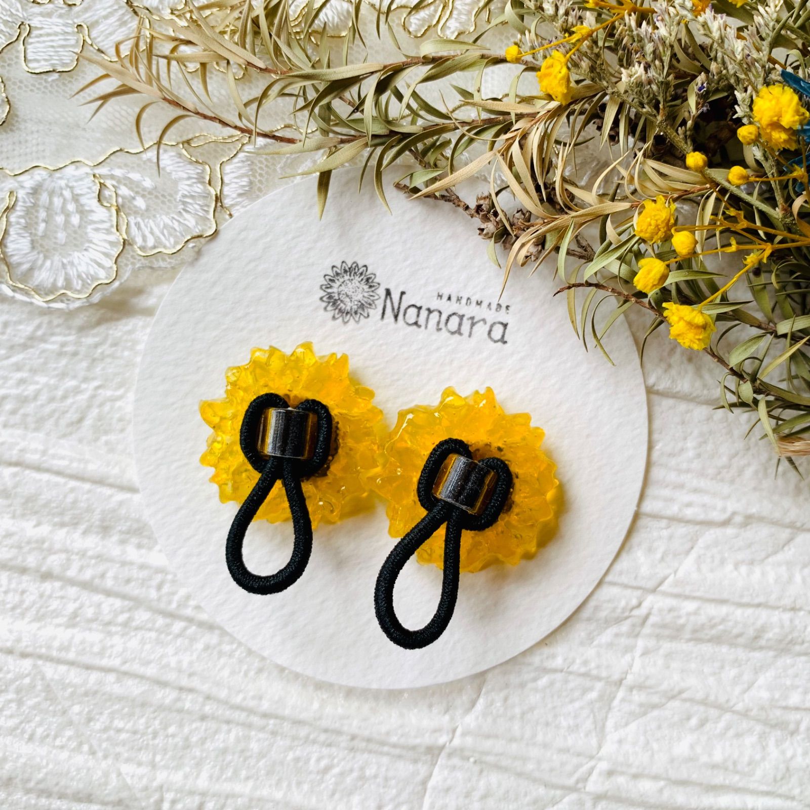 ひまわりとシェル入り グリーン ハートヘアゴム ひまわりとシェル入り