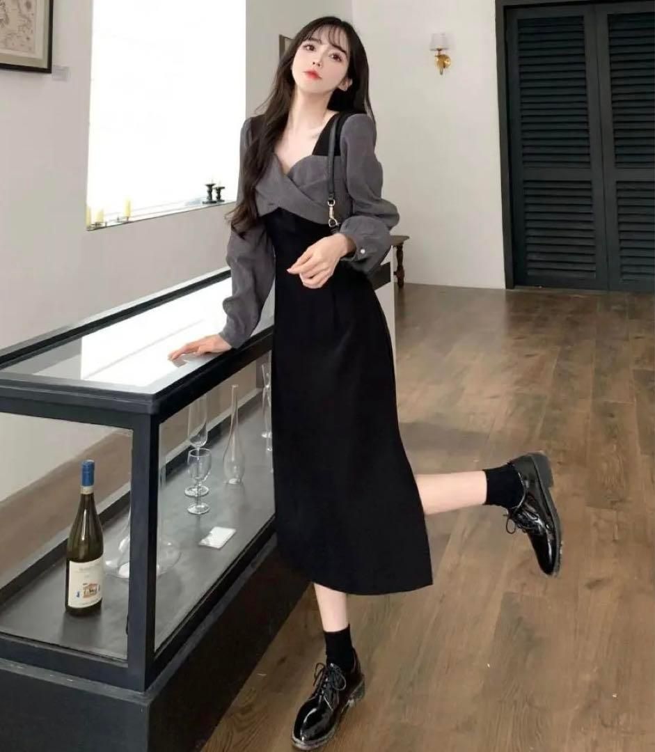 C174 高級 レトロでシックなレディライク バイカラーフロントクロスワンピー