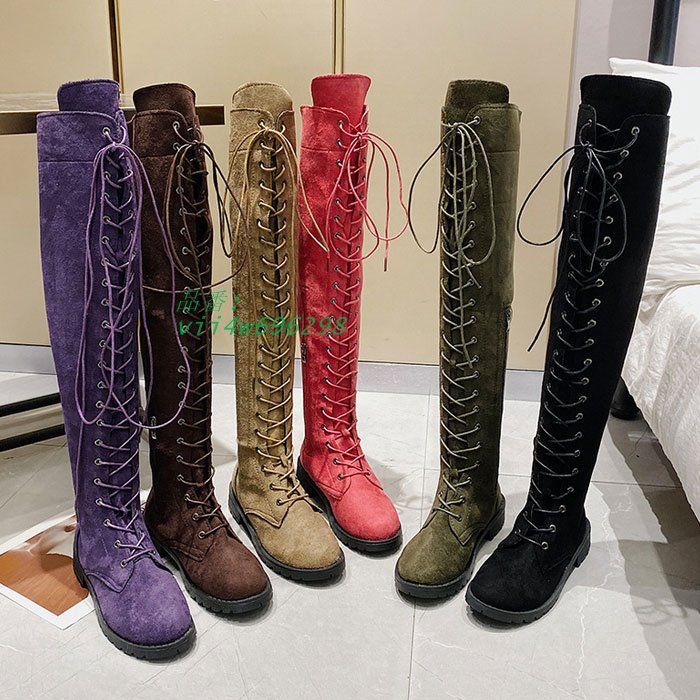 ブーツ レディース ロングブーツ ニーレースアップ 編み上げ サイドジッパー パープル レッド グリーン カーキ スエード調 送料無料 ブラック ブラウン vii4w696298