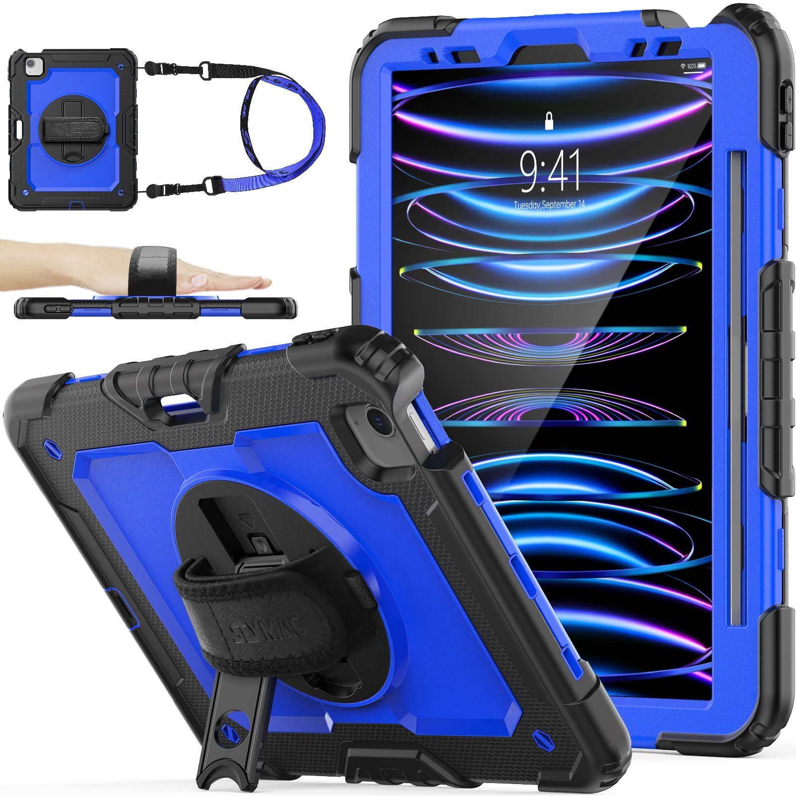 【人気商品】11第4世代/第3世代/第2世代/第1世代専用型（ブルー＋ブラック） Pro Pro iPad 全面保護カバー ショルダーストラップ ハンドストラップ 360回転スタンド ペン収納 保護フィルム付き 