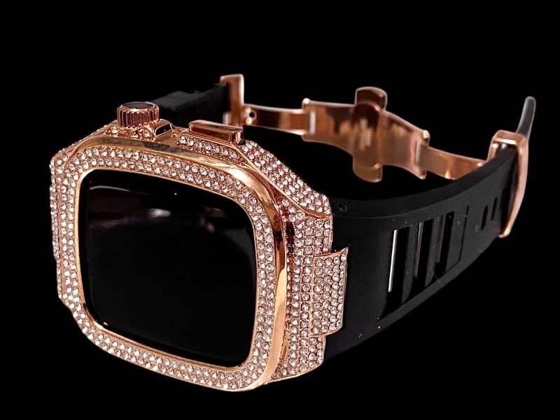 アップルウォッチケース 互換性対応 カスタム カバー 保護 ギフト 44 ４２ 45 46 キラキラ ベルト Apple Watch バンド セット series4 5 6 7 8 9 10 11 ローズブラック