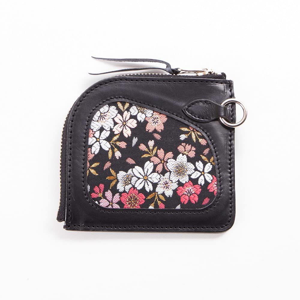 人気商品】牛革+金襴織物 小銭お札カードが入る 京桜ブラック 花山レザー