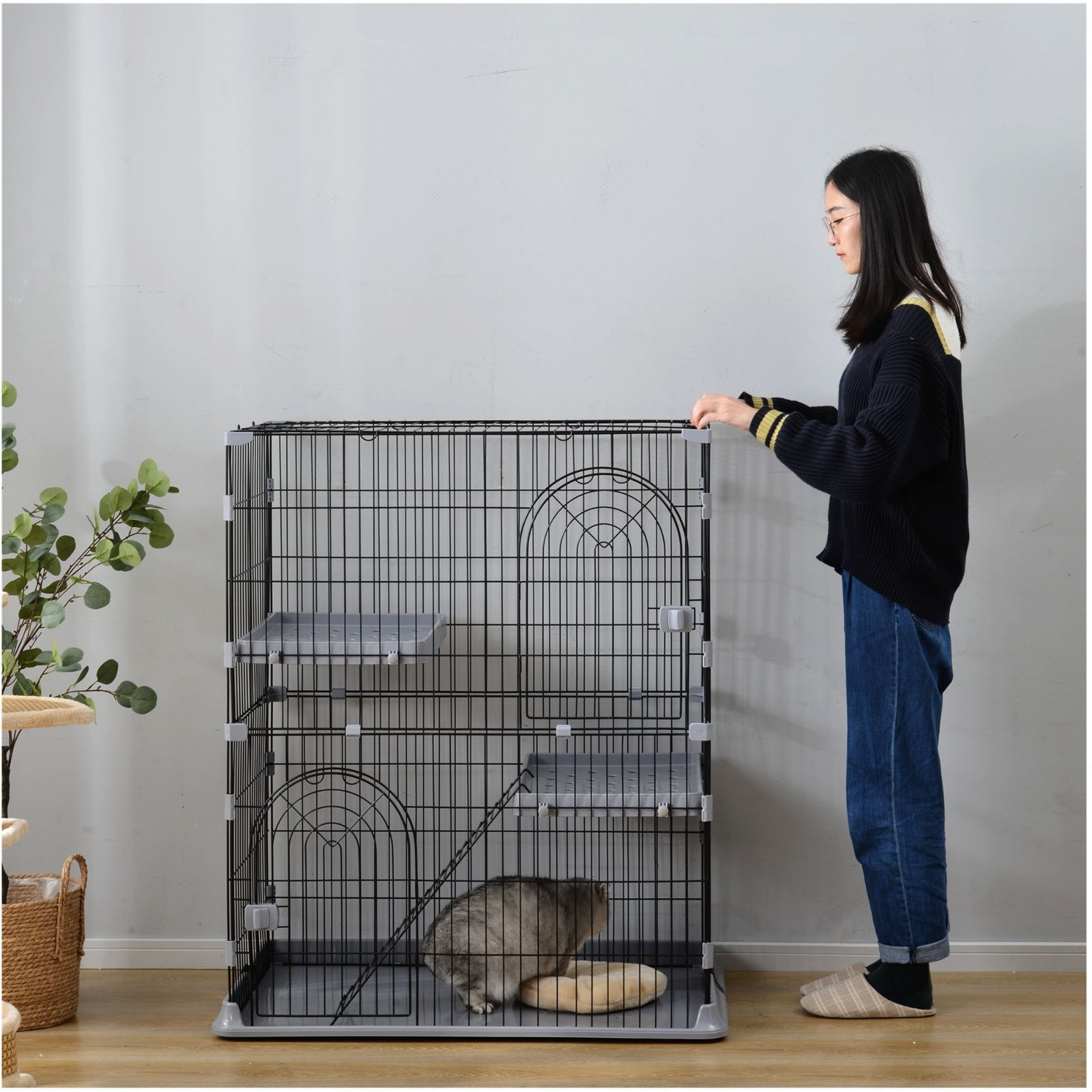 グレー M サイズ 2 段式猫ケージ｜キャットハウス｜留守番用｜脱走防止｜多頭飼い対応｜おしゃれなデザイン｜TX295749BAA