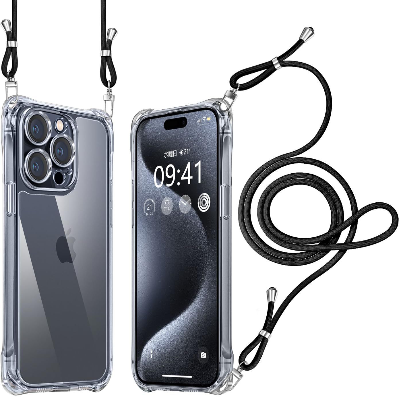 首縄 iPhone 15 ケース ショルダー クリア 耐衝撃 レンズ保護 アイフォン15 スマホケース 肩掛け 首かけ はぁ
