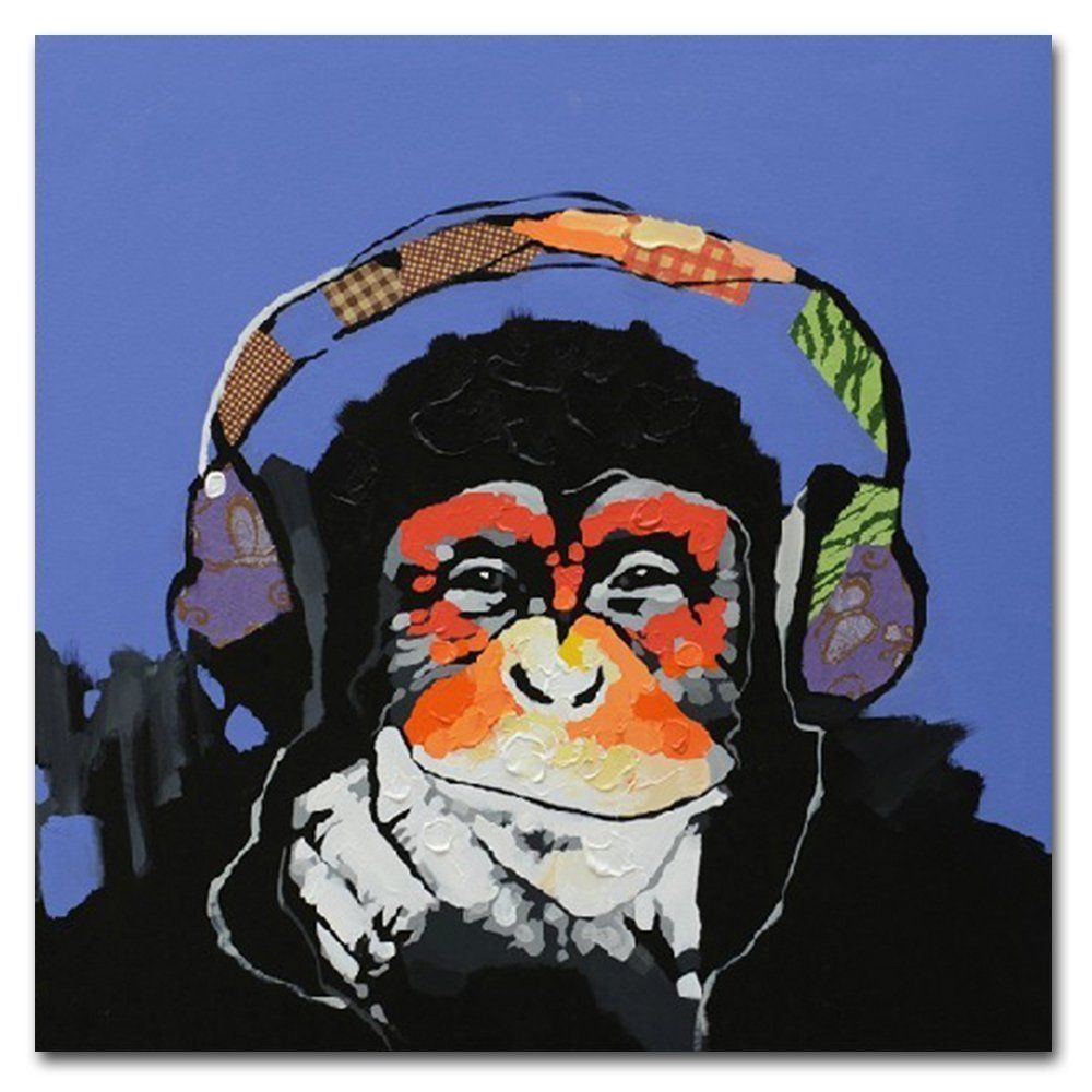 【在庫セール】Fokenzary Hand Painted Oil Painting on Canvas Pop Art Cute Gorilla Listening to Music with Headphone with Frame Ready to Ha