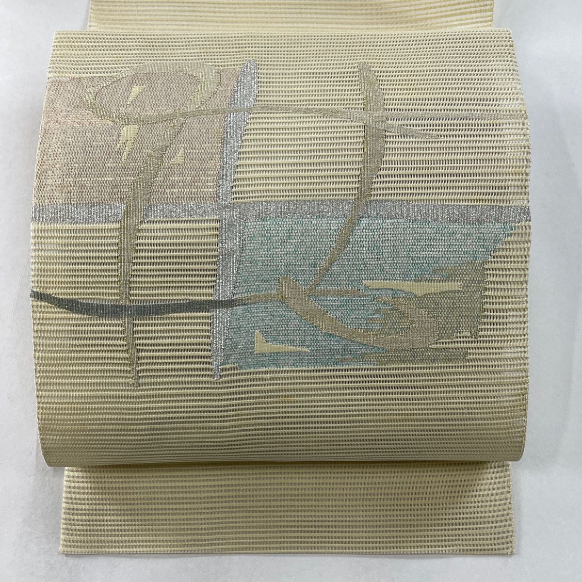 名古屋帯 秀品 夏帯 絽 八寸名古屋帯 松葉仕立て 幾何学模様 金銀糸 箔 薄黄 正絹