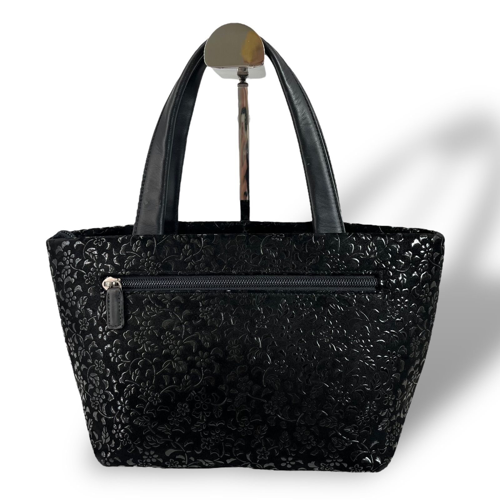 美品】印傳屋 インデンヤ 甲州印伝 ハンドバッグ エンボス 花柄 黒