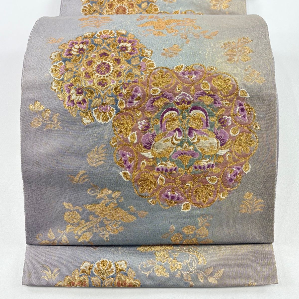 袋帯 逸品 帝王紫 落款 向かい鳥 華文 金糸 箔 灰紫 六通 正絹 【中古