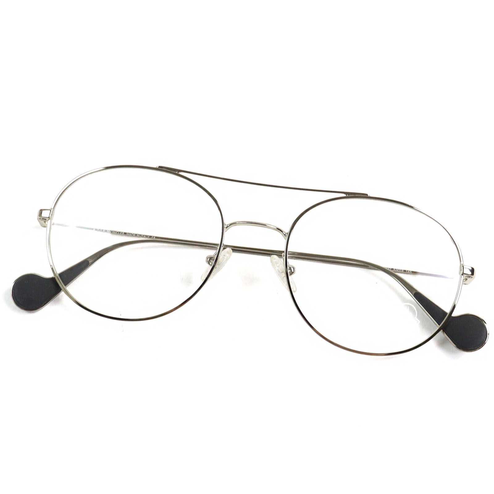 ○MONCLER モンクレール ML 5046 ロゴ金具付き ダブルブリッジ ボストンシェイプ メガネ 眼鏡 アイウェア シルバー ブラック 53□19 145 デモレンズ イタリア製 メンズ レディース