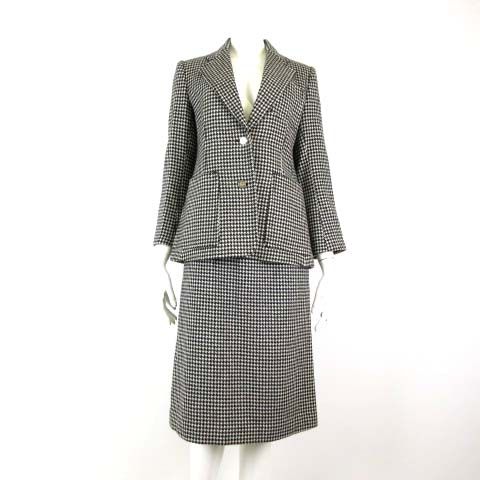 レリアン Leilian スカートスーツ 上下セットアップ 千鳥格子 カシミヤ ウール ブレザー ジャケット スカート ミディ丈 M 9 オフ白 黒 ブラック