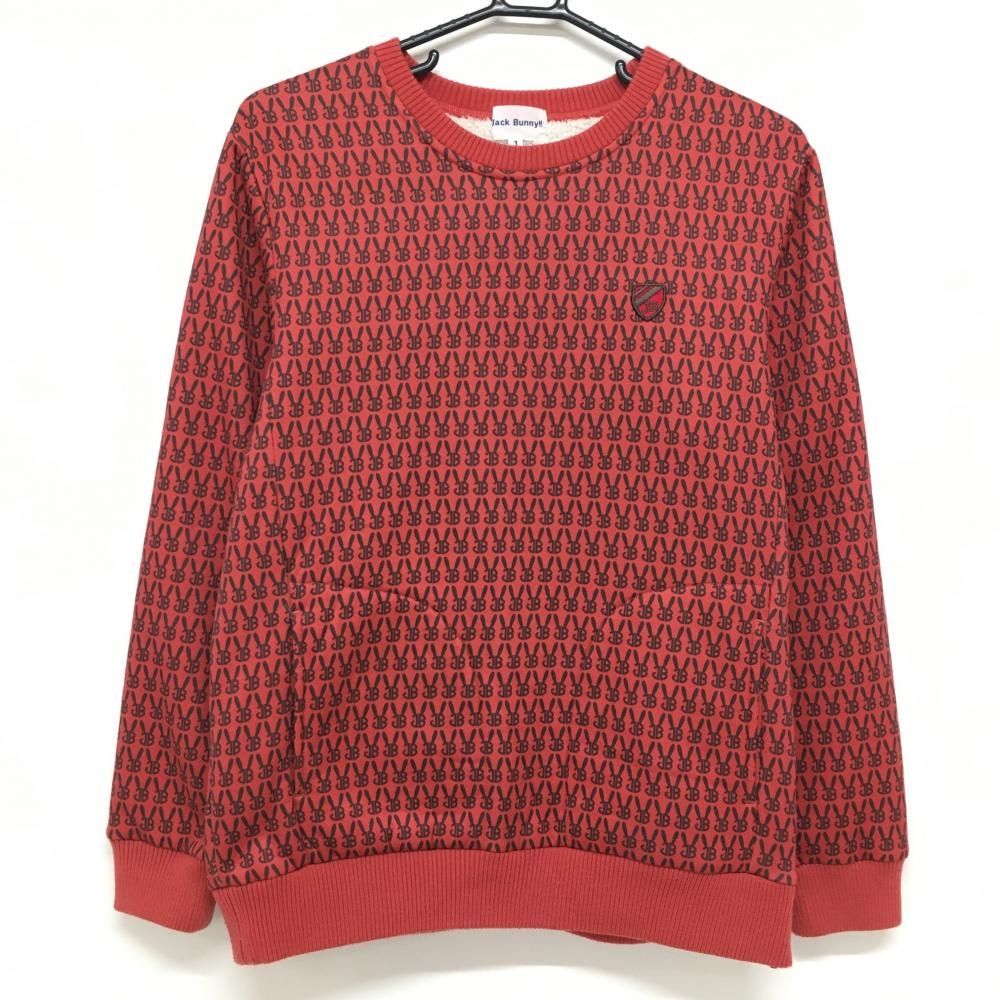 【美品】ジャックバニー ブルゾン レッド×黒 総柄 裏ボア レディース 1(M) ゴルフウェア Jack Bunny