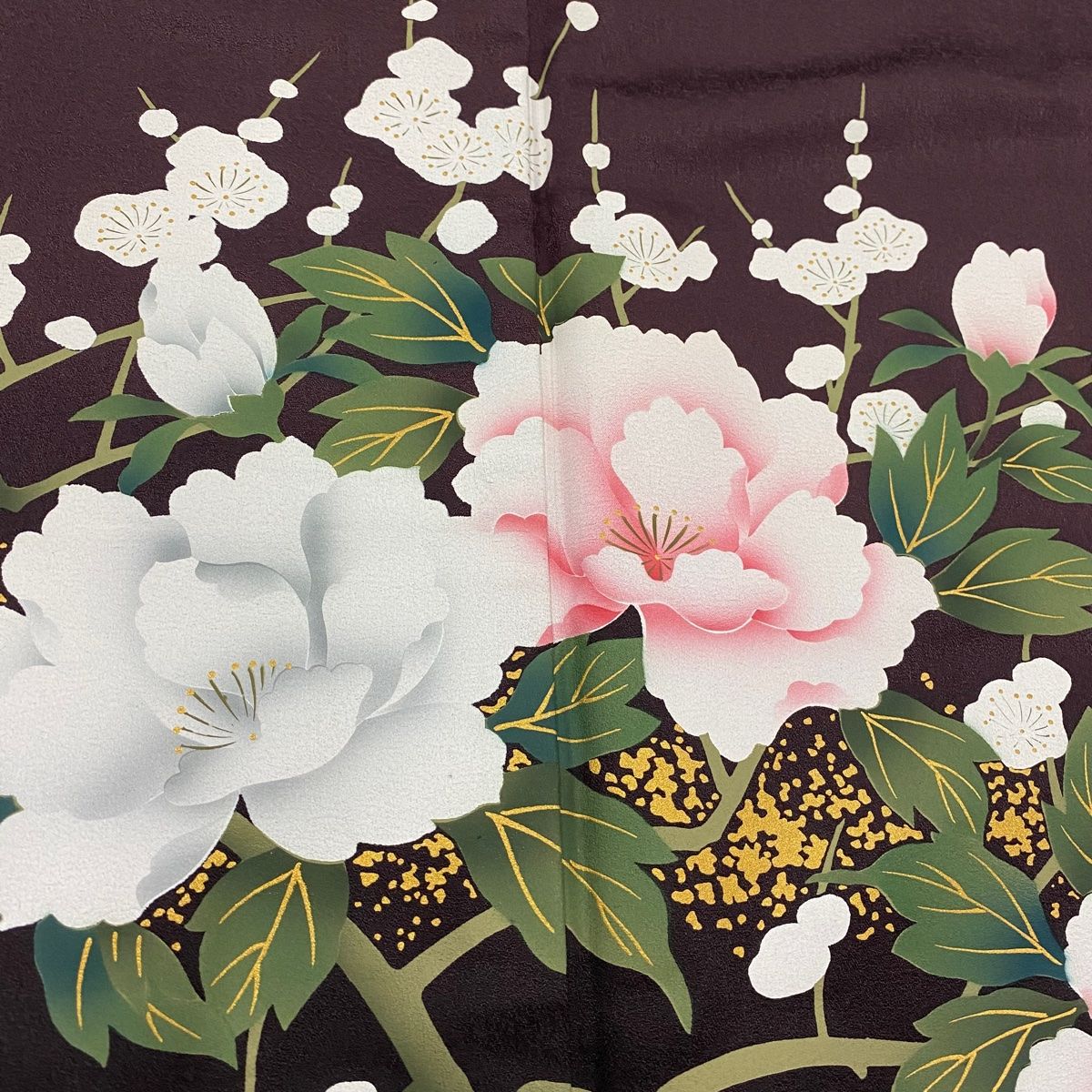 振袖 身丈161cm 裄丈65cm M 袷 草花 霞 金彩 茶紫 正絹 名品