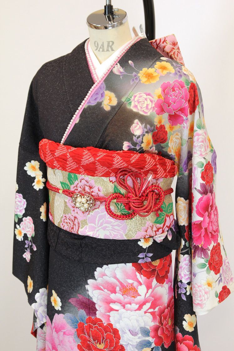 振袖 袋帯 帯揚げ 帯締め セット 赤 染め分け 草花