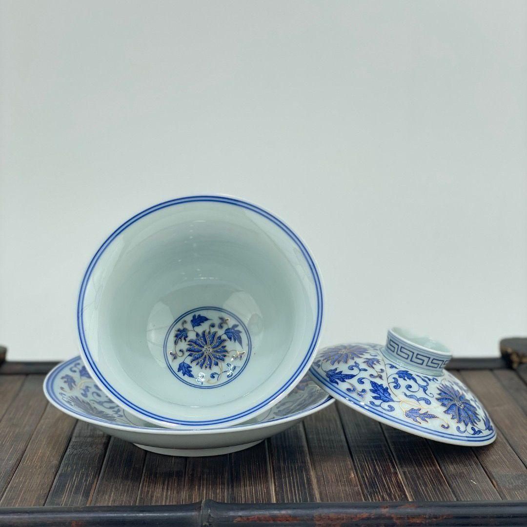 中国茶器 景徳鎮 締め金糸青花磁蓋碗 茶碗 煎茶器 新品未使用