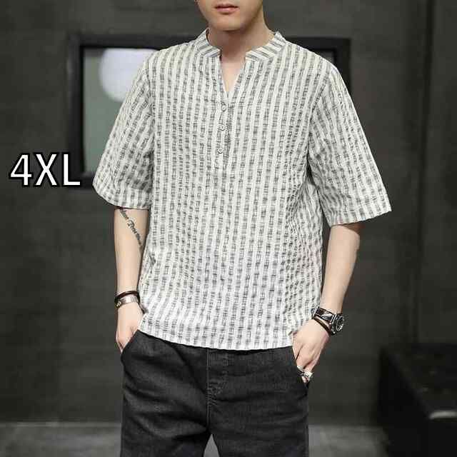 [4XL] メンズ ファッション 服 男性用 オシャレ シンプル 大人 かっこいい 大きいサイズ ストリート 紳士服 ストライプ 半袖 リネン T シャツ 夏 綿麻 ゆったり