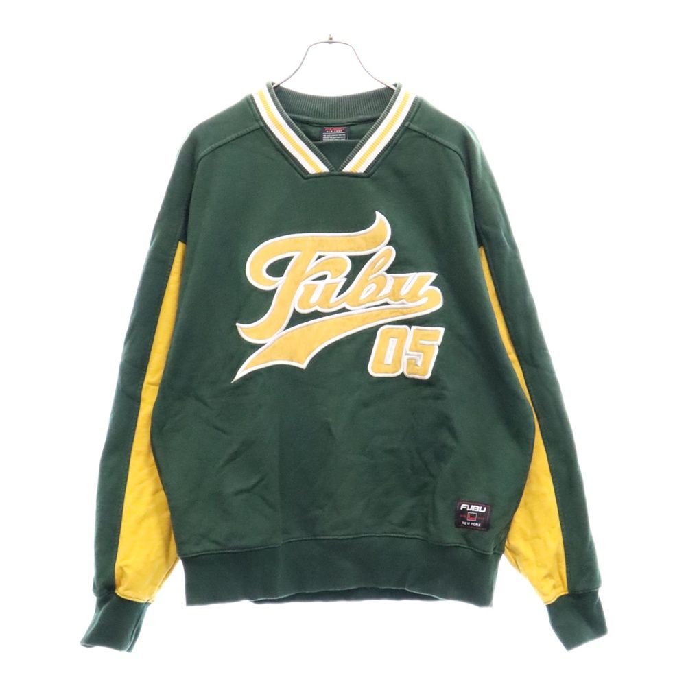 FUBU (フブ) ワッペンロゴVネックプルオーバースウェットトレーナー グリーン