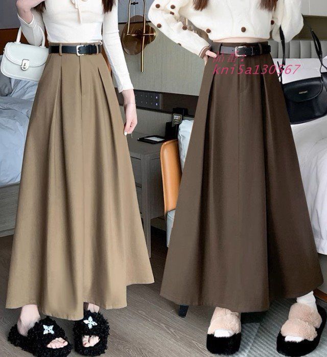 フ スカート ロング レディース ボ秋冬 ロングスカート Aライン オフィス ハイウエスト ウエストマーク 大きいサイズ無地 ウエストゴム 通勤服 kni5a130567