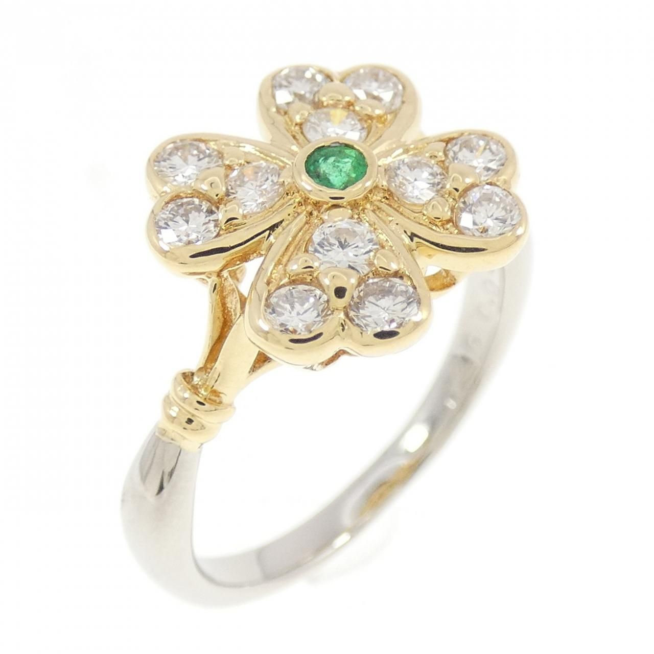 750YG/PT900 フラワー エメラルド リング 0.04CT 750YG ダイヤモンド  