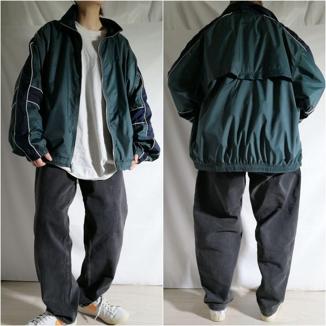 NIKE90s刺繍ロゴバイカラーナイロンジャケットグリーン緑 L 古着