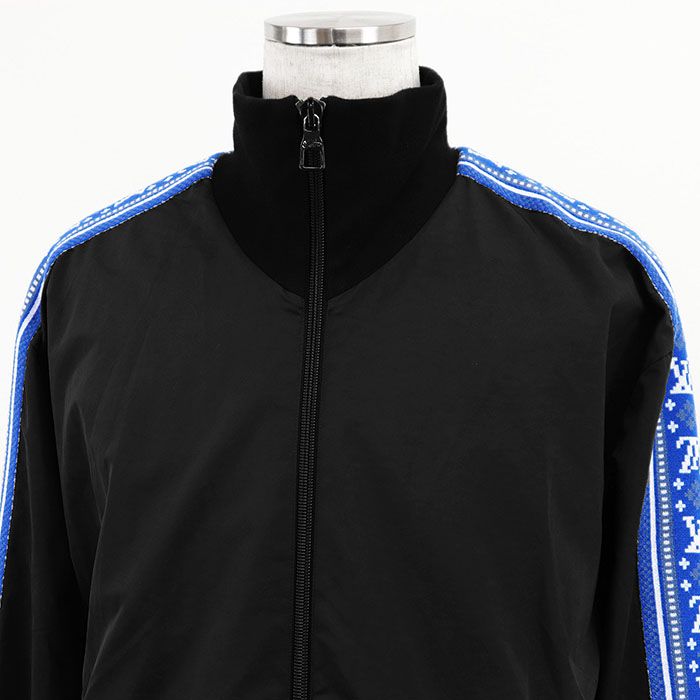 LOUIS VUITTON ルイ ヴィトン トラックジャケット ニット x ナイロン 2025SS LV ロゴ モノグラム フェアアイル ジャガード メッシュライニング ジップアップ ブルゾン アウター メンズ XL ブラック ブルー 黒 青 イタリア製